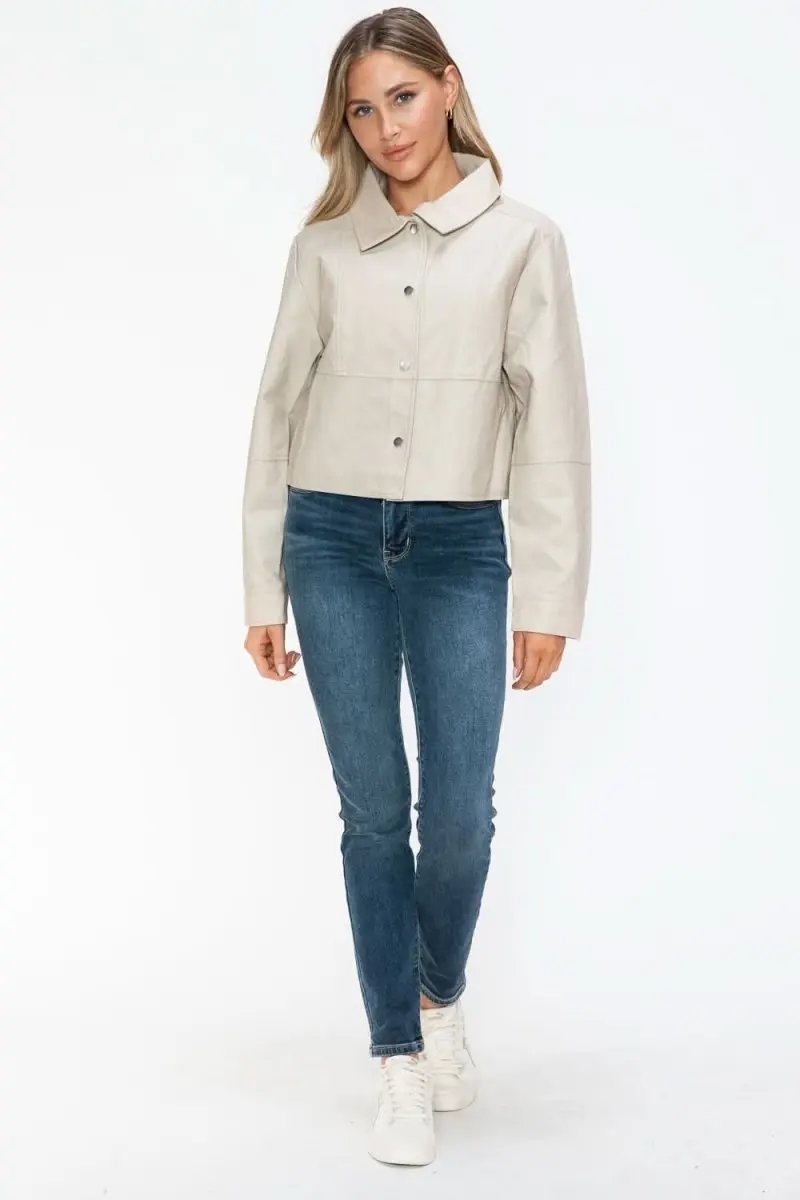 Snobbish Snap Down Long Sleeve PU Leather Jacket - Love Salve